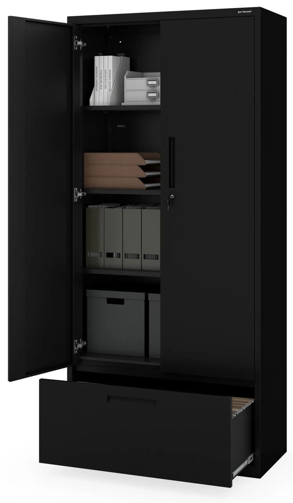 Kovová skriňa MEGAN – čierna, zásuvka na dokumenty, 195 cm