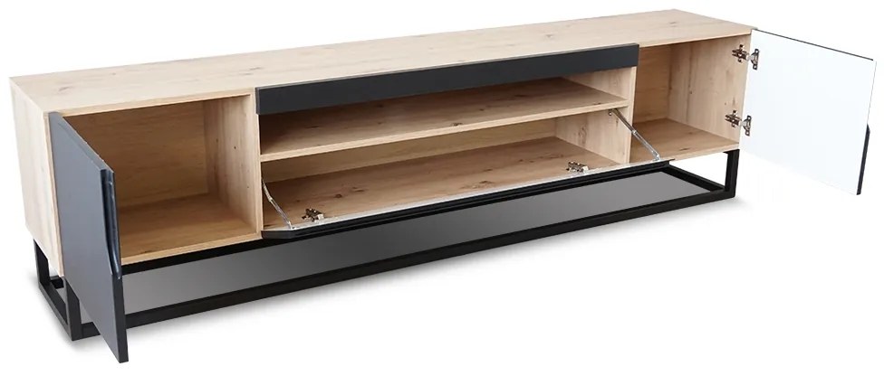 RTV skrinka Loftia 200 cm s otvorom a kovovým rámom - dub artisan / čierny mat