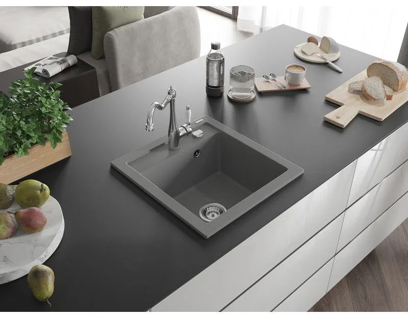 Mexen Vito, granitový drez 490x520x210 mm, 1-komorový a drezová batéria Carla, šedá, 6503-71-670700-00