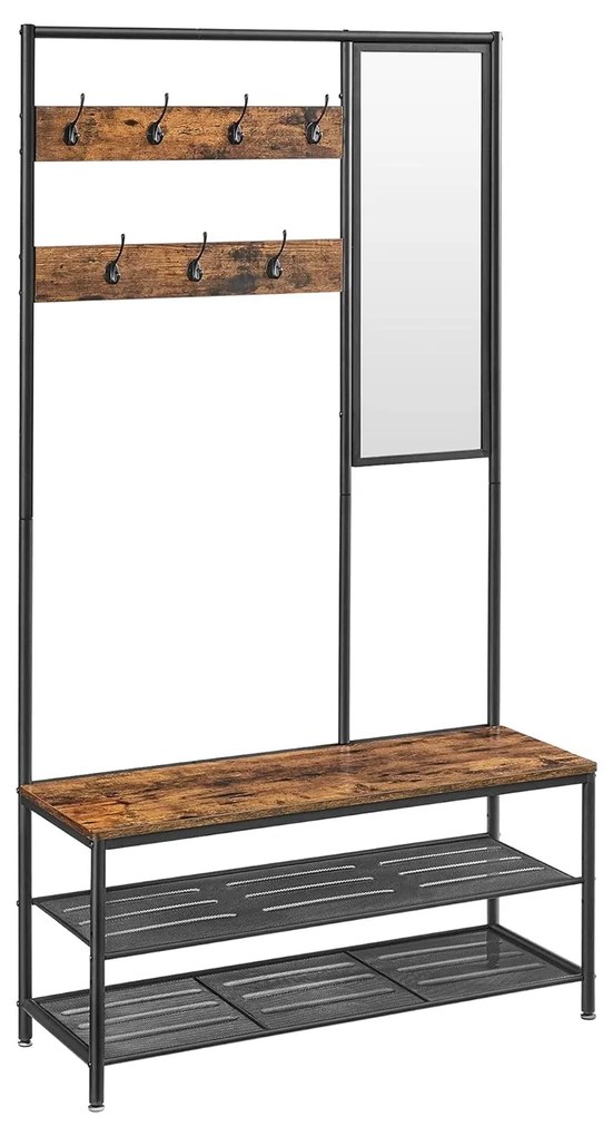 Stojan na kabáty so zrkadlom, háčikmi, lavicou a policami na topánky, rustikálny hnedý