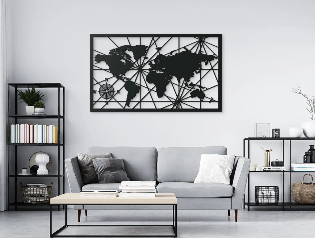 drevko Obraz Mapa sveta s kompasom na stenu Rozmer obrazu: 38,5 x 65 cm, Farba dekorácie: Čierna