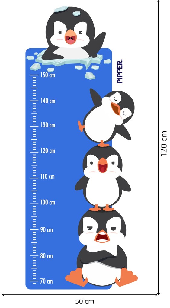 PIPPER. Detský meter - Veselé tučniaky - textilná nálepka na stenu