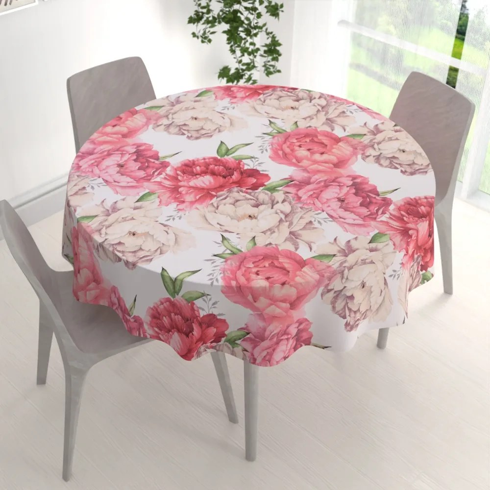 Biante Bavlnený okrúhly obrus Sandra SA-746 Veľké ružovo-béžové pivonky na bielom Ø 60 cm