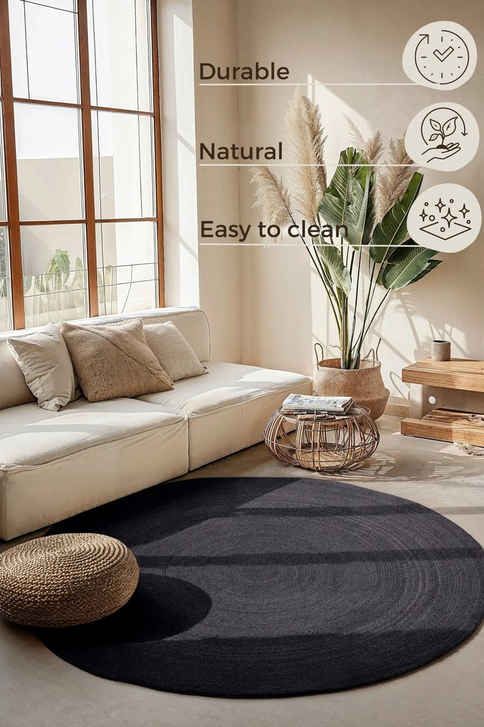 Hanse Home, Kusový koberec Jute Braided 106322 Black kruh, 200x200 (priemer) kruh, čierna, chodba / predsieň