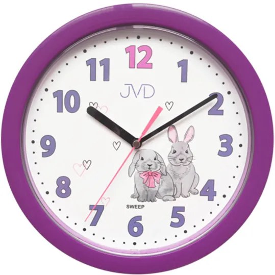 Detské nástenné hodiny JVD HP612.D2 so zajačikmi a tichým chodom, 25 cm