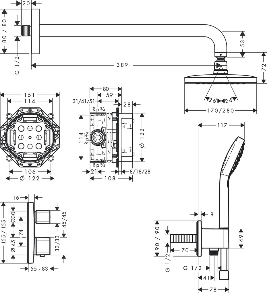 Hansgrohe Croma E, sprchový systém 280 1jet s termostatom Ecostat E, chrómová, HAN-27953000