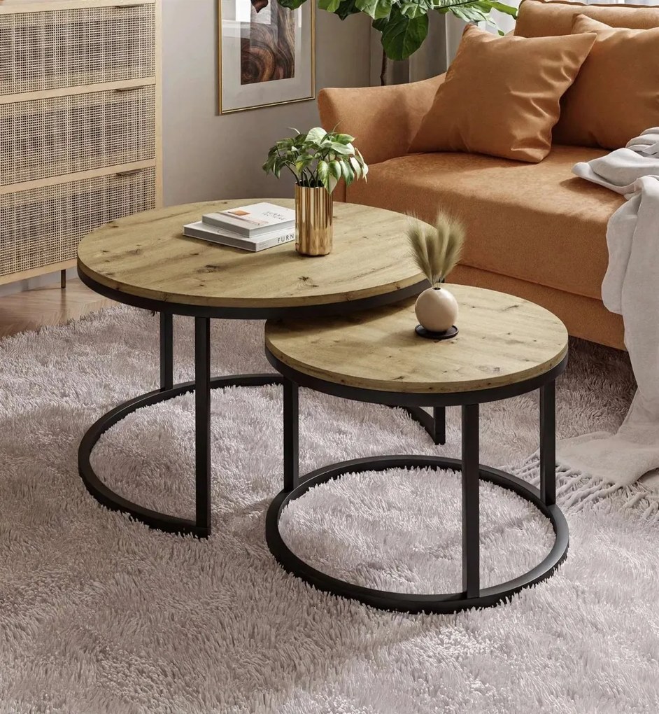 OKRÚHLY KONFERENČNÝ STOLÍK LEONARDO 2 v 1 DUB ARTISAN + ČIERNY PODSTAVEC