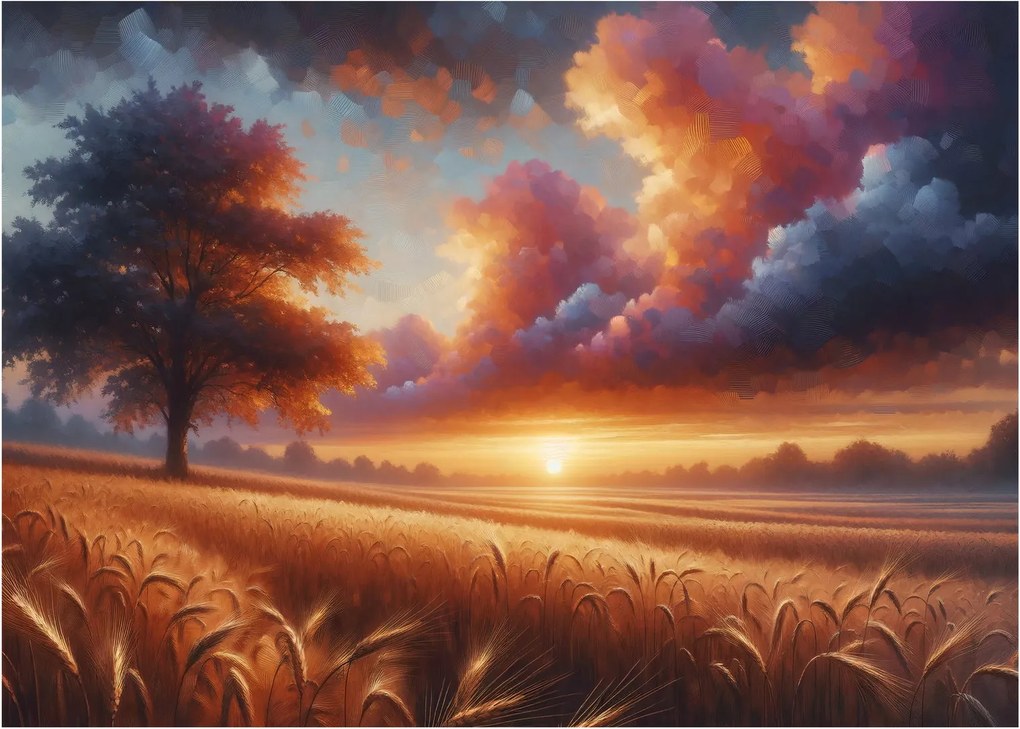 Sklenený obraz – Západ slnka na poli (70x50 cm)