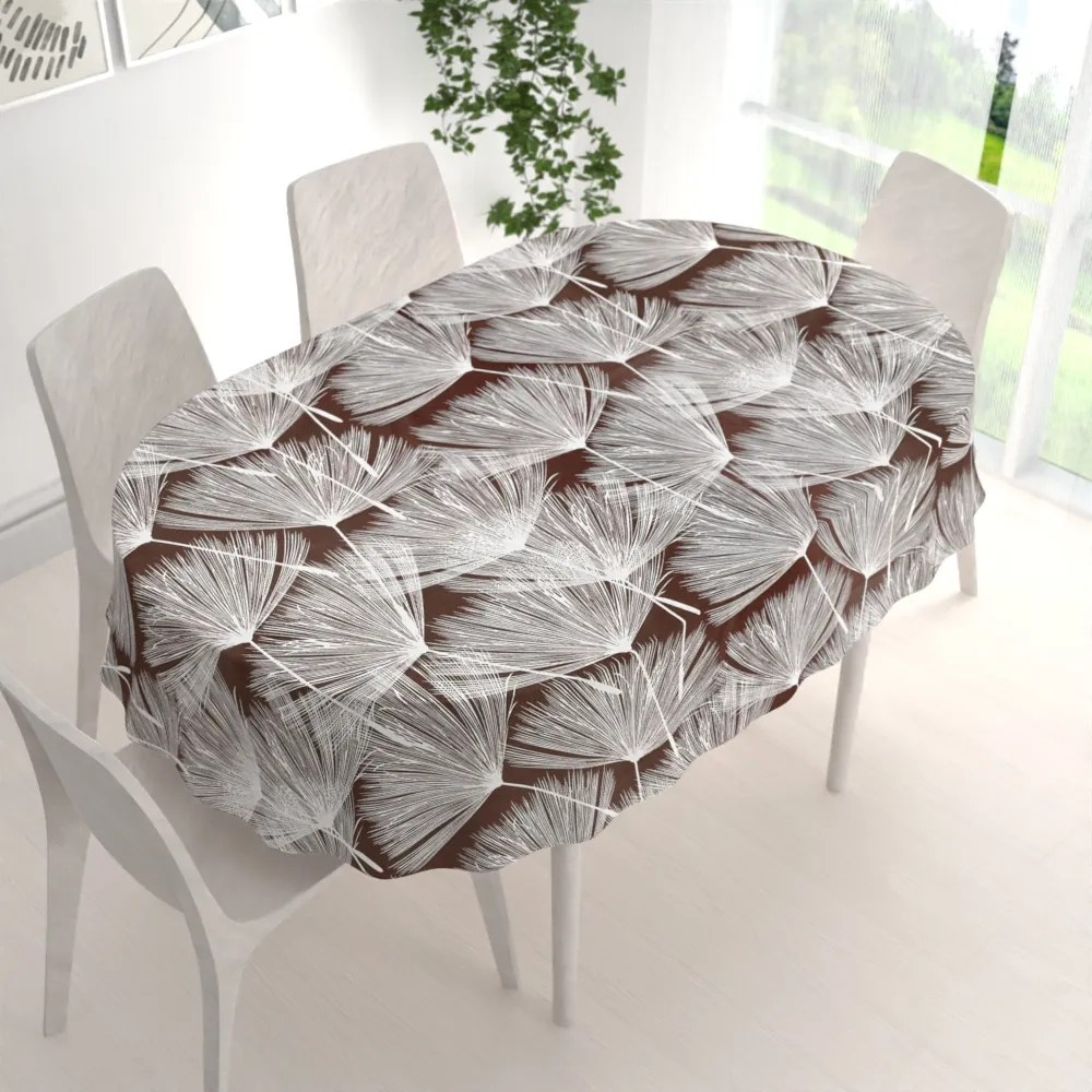 Biante Bavlnený oválny obrus Sandra SA-499 Biele abstraktné páperie na hnedom 120x200 cm