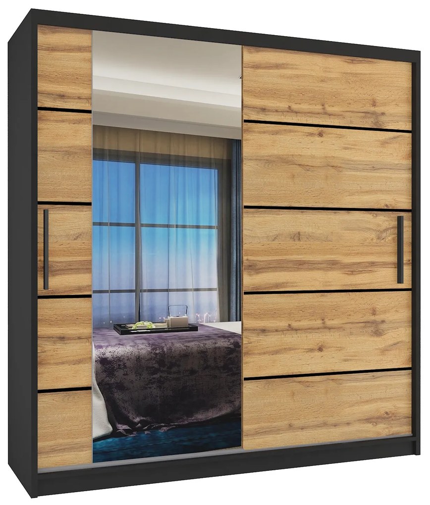 Šatníková skriňa 158 cm Belini čierny mat / dub wotan s posuvnými dverami zrkadlom a zásuvkami MBP SZP7/0/B/DW/0/KLP