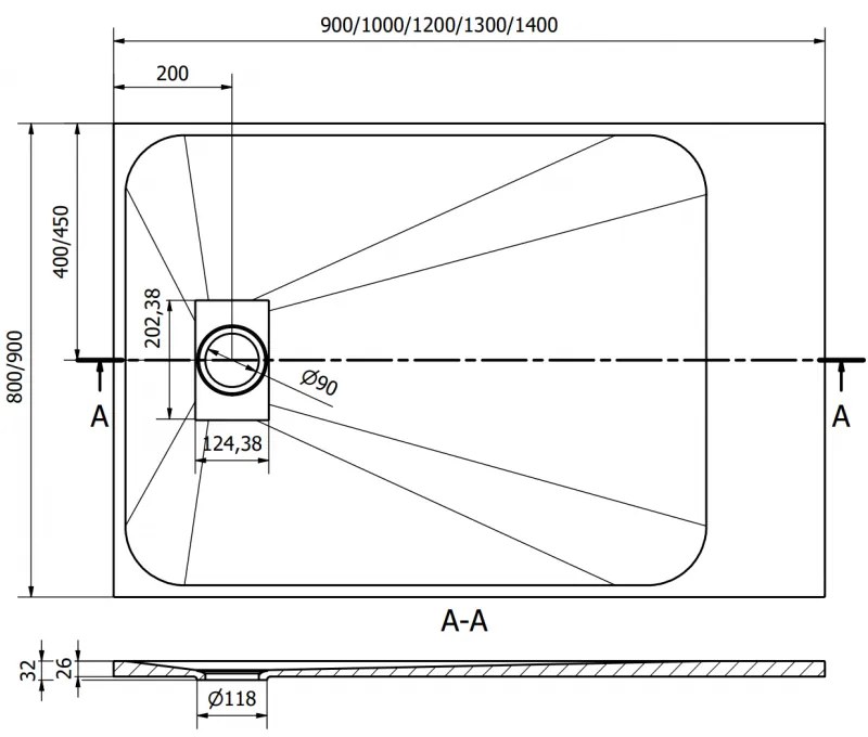 Mexen Hugo, obdĺžniková sprchová vanička SMC 130 x 90 cm, biela, čierna krytka, 42109013-B