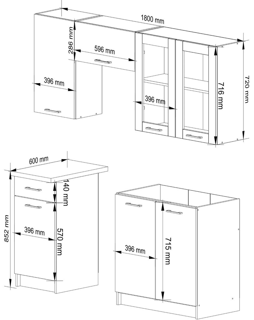 Kuchyňská linka Olivie H720 1,8 m prosklená bílá/dub sonoma