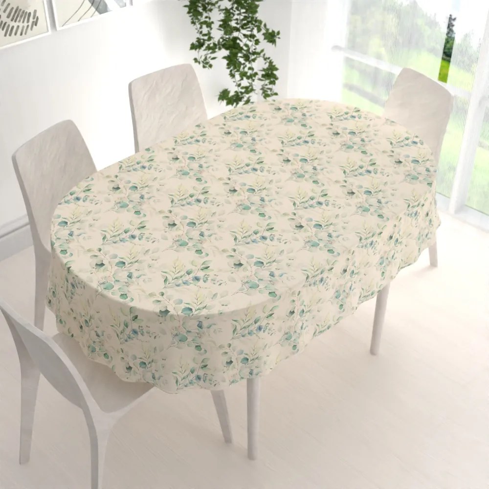 Biante Ľanový oválny dekoračný obrus LEN-010 Modrozelené listy eukalyptu na režnom 140x220 cm