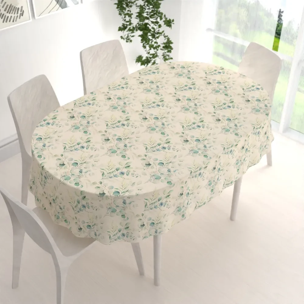 Biante Ľanový oválny dekoračný obrus LEN-010 Modrozelené listy eukalyptu na režnom 50x100 cm