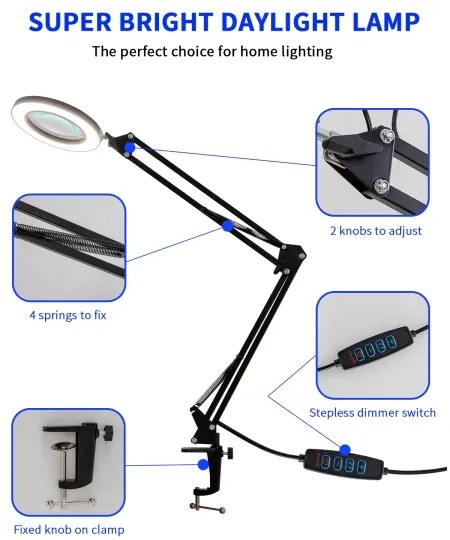 Brilagi - LED Stmievateľná stolná lampa s lupou LED/12W/5V 3000/4200/6000K čierna