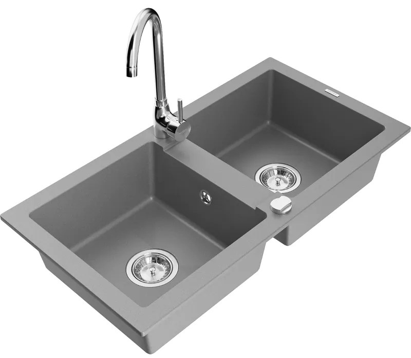 Mexen Mario, 2-komorový granitový drez 82x44 cm s kuchynskou batériou Telma, šedá, 6504-71-670200-00
