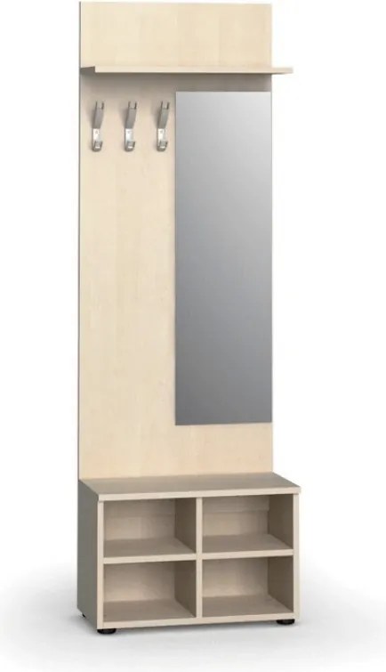 Vešiaková stena s botníkom a zrkadlom PRIMO WOOD, 3 háčiky, polica, roky zvisle, breza