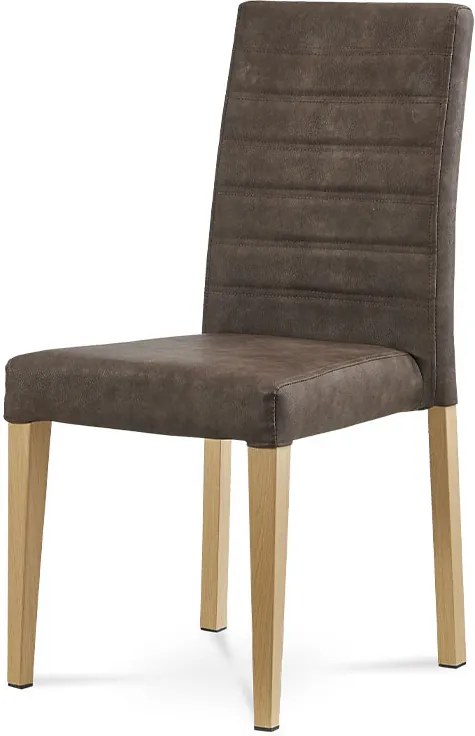 jedálenská stolička,hnedá látka dekor brúsená koža, podnož kov, 3Ddekor divoký dub