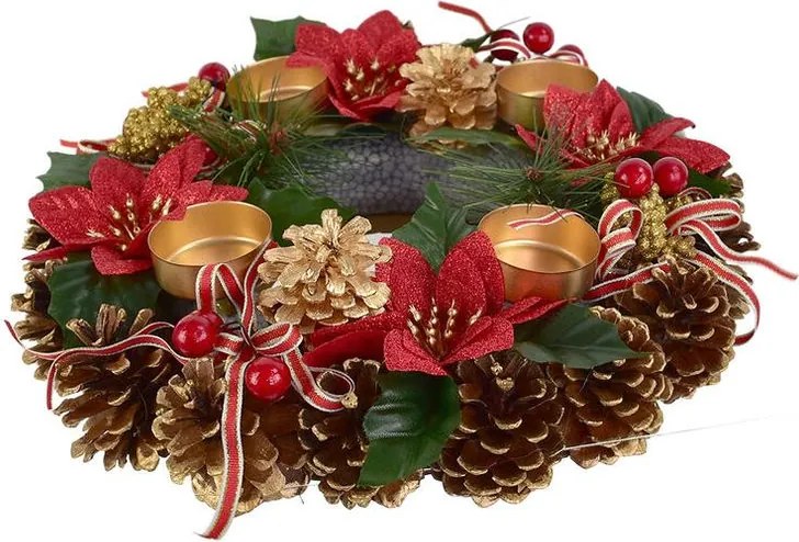 Adventný šiškový veniec POINSETTIA s mašľou 30 cm