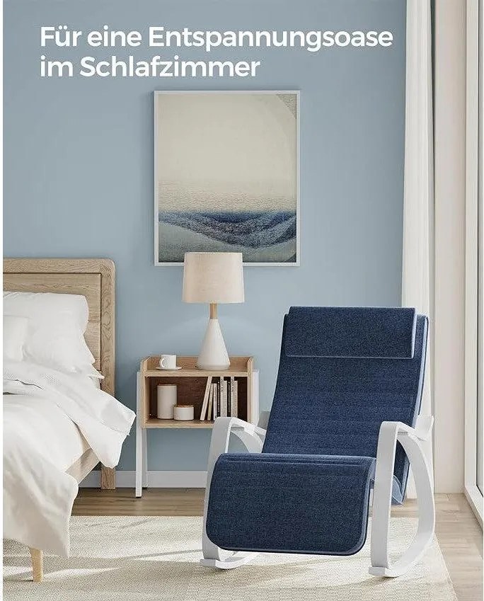 Hojdacie kreslo s podrúčkami z brezového dreva, 5-smerovo nastaviteľná opierka nôh, modrá