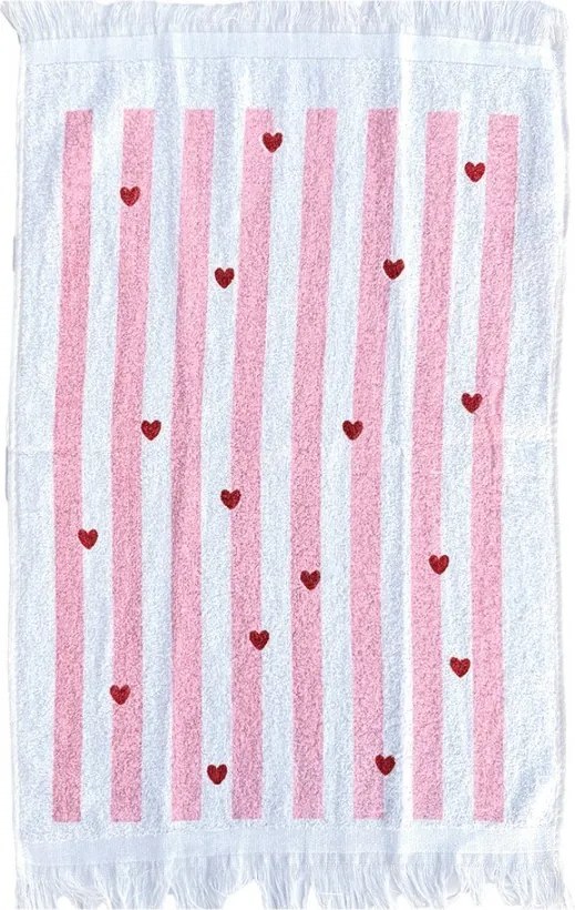 Biely froté kuchynský uterák so srdiečkami a prúžkami - 40*66 cm