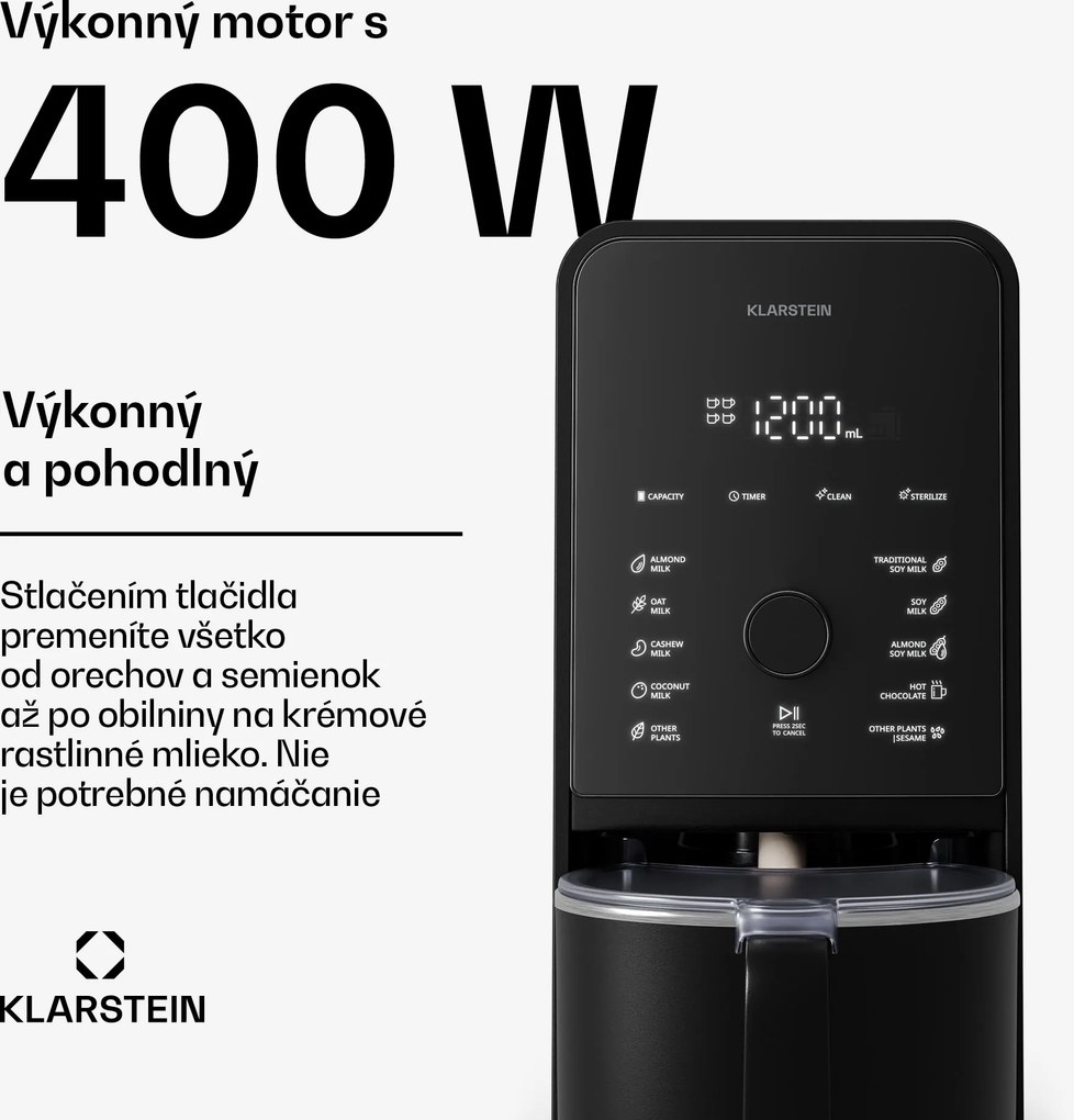 Klarstein Marcia Touch orechový mliečny automat 1,2 l, 6 nerezových nožov, 1200 W, 10 + 2 programy