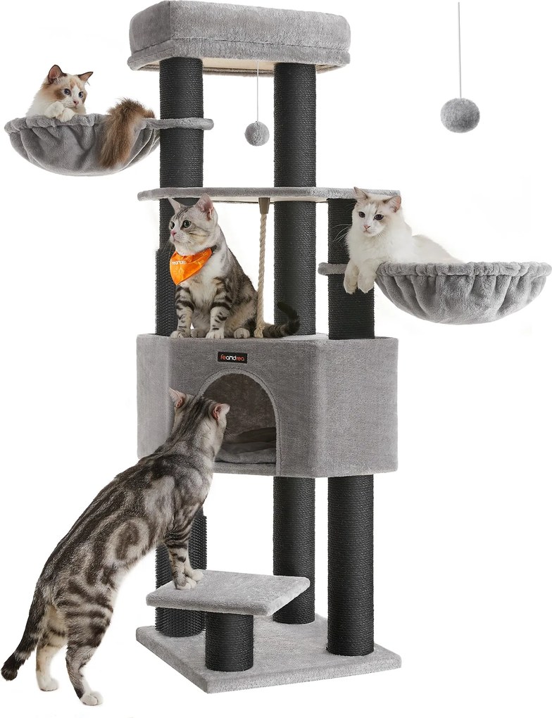 Mačací strom pre veľké mačky, pevná mačacia veža, 50 x 50 x 160 cm, šedá a čierna