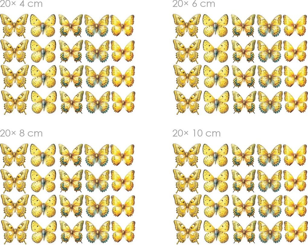 Motýliky na stenu žltá 20 ks textilná prilepiteľná samolepiaca dekorácia na stenu 20 ks šírka 6 cm