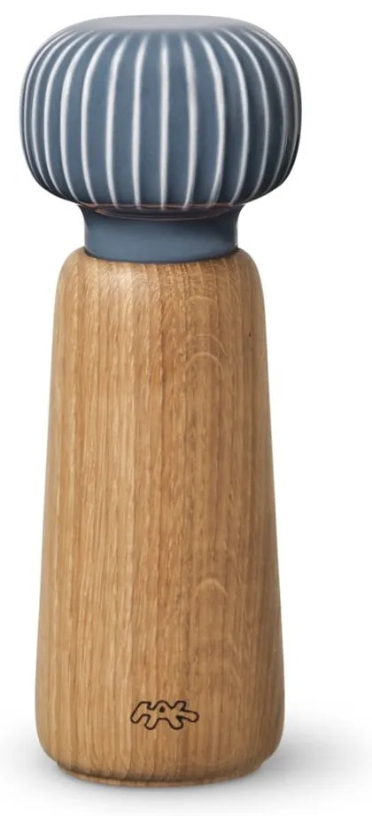 Mlynček z dubového dreva na korenie so sivomodrým detailom z porcelánu Kähler Design Hammershoi, výška 17,5 cm