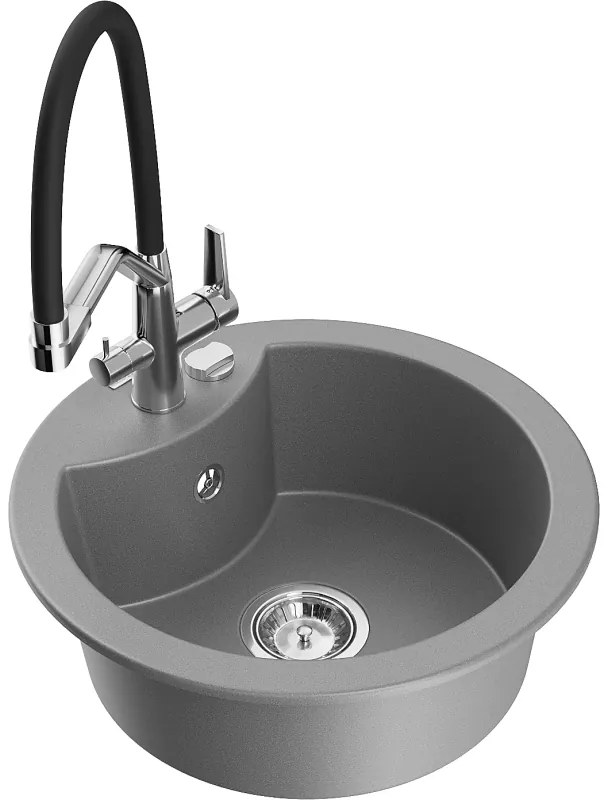 Mexen Diego, 1-komorový granitový drez 488x488x167 mm a drezová batéria Duo, šedá, 6512-71-671701-07