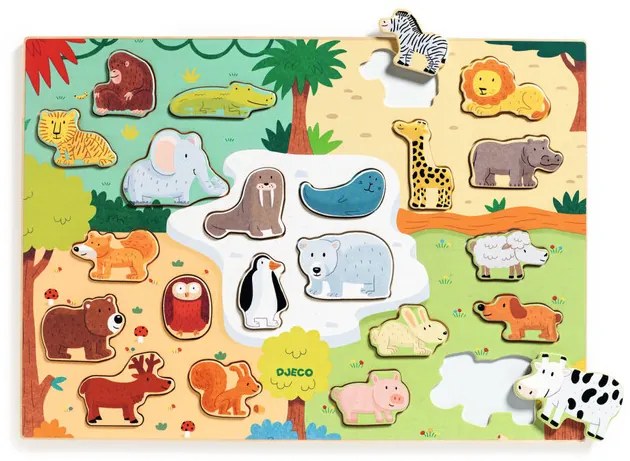 Djeco Drevené vkladacie puzzle: Zvieratká sveta