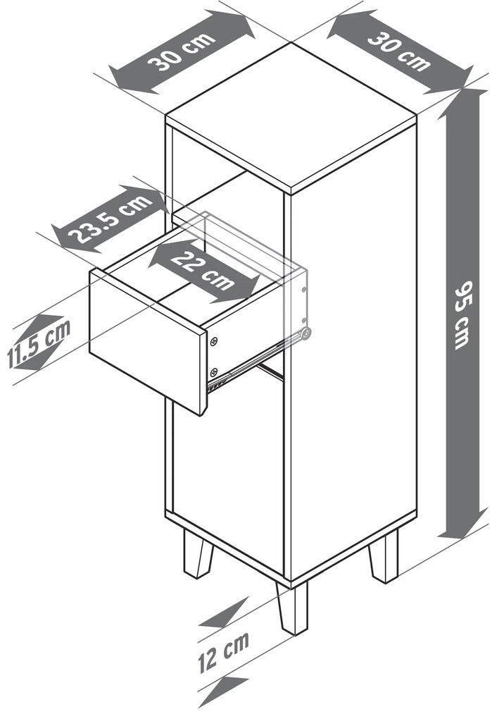 Kúpeľňová skrinka so zásuvkou a dvierkami, úzka