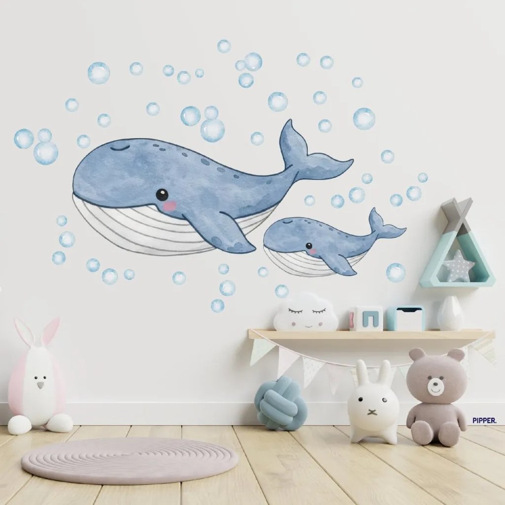 PIPPER. Textilná nálepka na stenu "Veľryby"