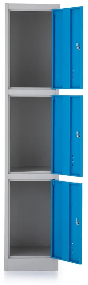 Kovová šatníková skrinka - 3 boxy, 38 x 45 x 185 cm, cylindrický zámok, modrá - ral 5012