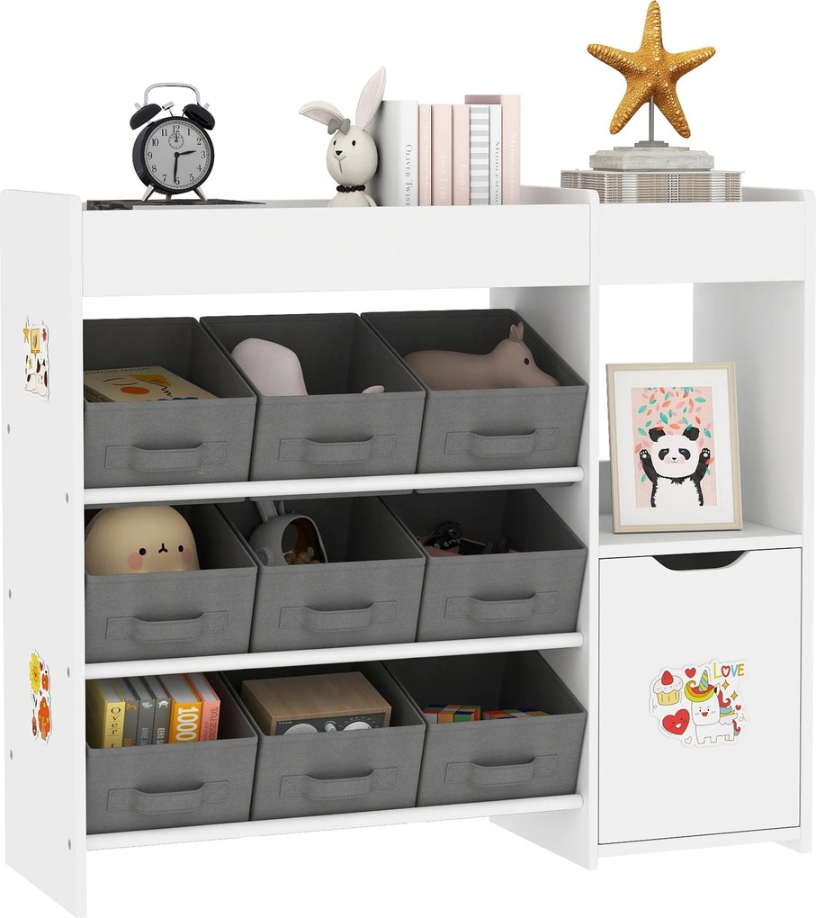 AIYAPLAY Oregátor hračiek pre deti s 9 odnímateľnými košíkmi a nálepkami do detskej izby 92x30x80 cm Biela | Aosom