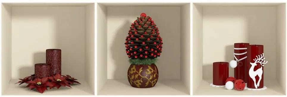 Sada 3 vianočných samolepiek s 3D efektom Ambiance Red Candles and Christmas Tree