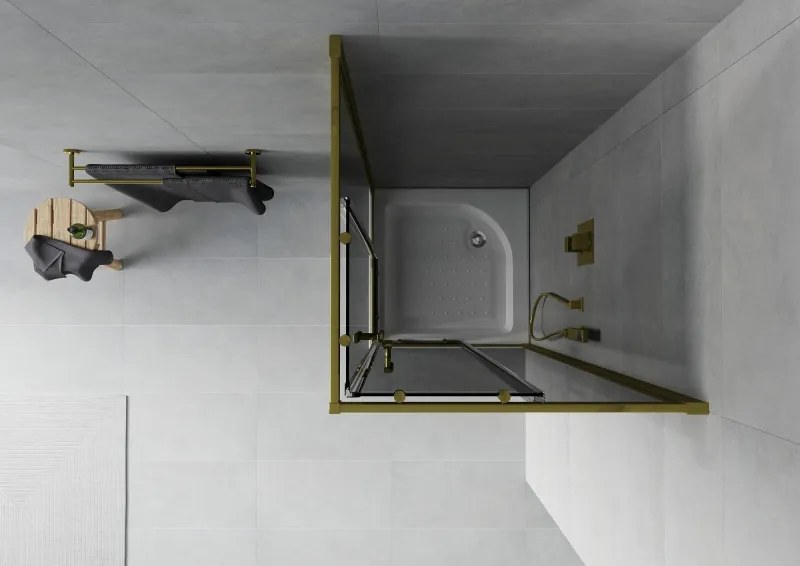 Mexen Rio, štvorcový sprchovací kút s posuvnými dverami 70(dvere) x 70(dvere) x 190 cm, 6mm šedé sklo, zlatý profil + biela sprchová vanička RIO, 860-070-070-50-40-4510