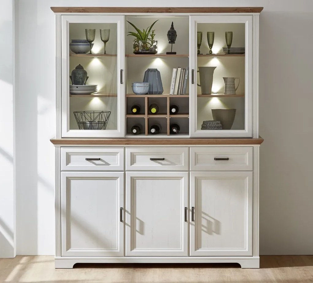 Nástavná vitrína s priehradkami Jasmin,bielená pínia/dub, s osvetlením