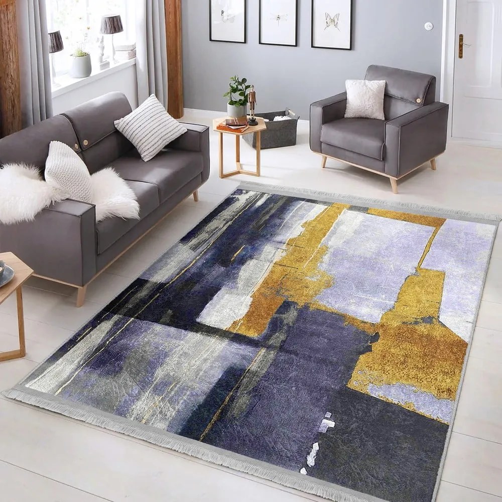 Žltý/tmavomodrý prateľný koberec 80x150 cm Unique – Mila Home