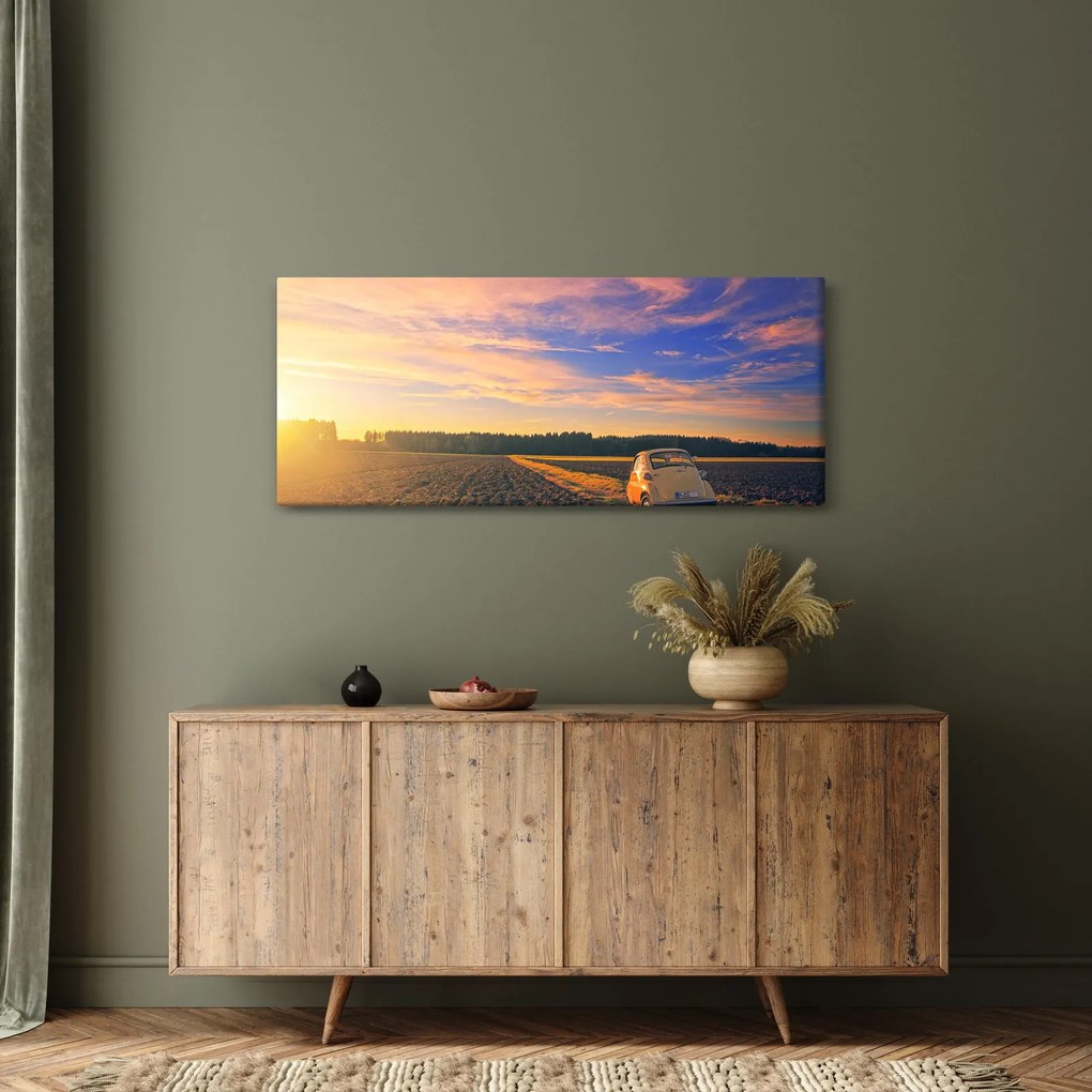 Obraz žltého auta v poli (120x50 cm)