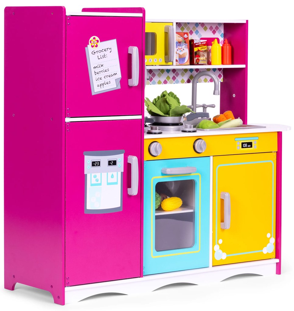 Veľká drevená kuchynka pre deti, farebná otváracia chladnička, rúra, mikrovlnka ECOTOYS