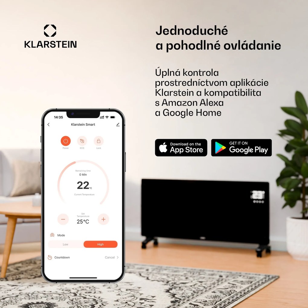 Klarstein Bornholm Curved Smart, konvektor, 2000 W, ovládanie cez aplikáciu, čierny