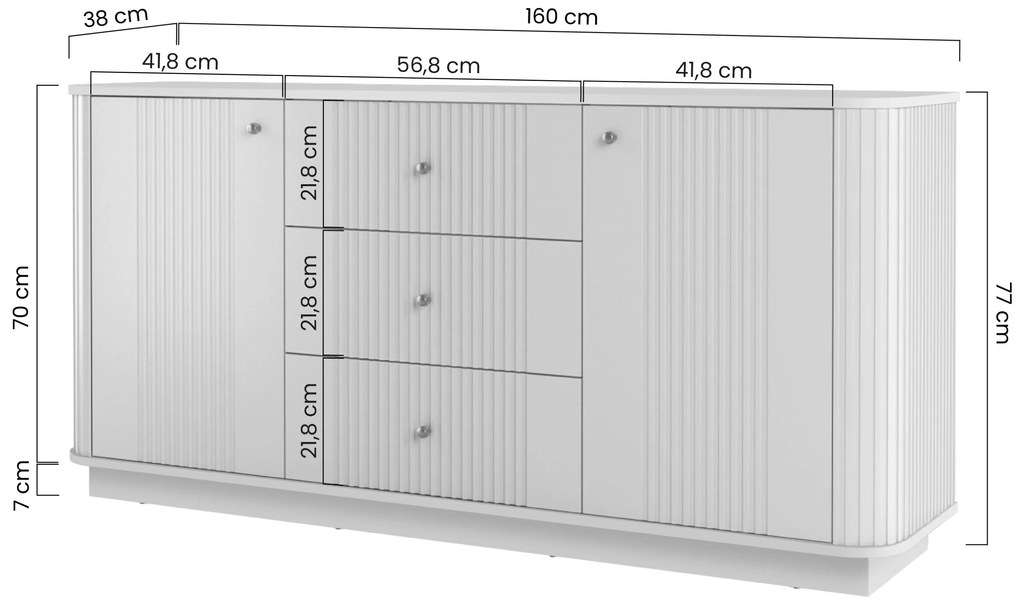 Komoda Vesper 160 cm so zásuvkami na sokli - kašmír / orech / zlaté úchytky