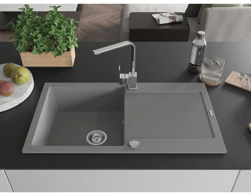 Mexen Leo, drez granitový 900x500x190 mm, 1-komorový, šedý s chrómovým sifónom a chrómová drezová batéria Rita, 6501-71-670300-00