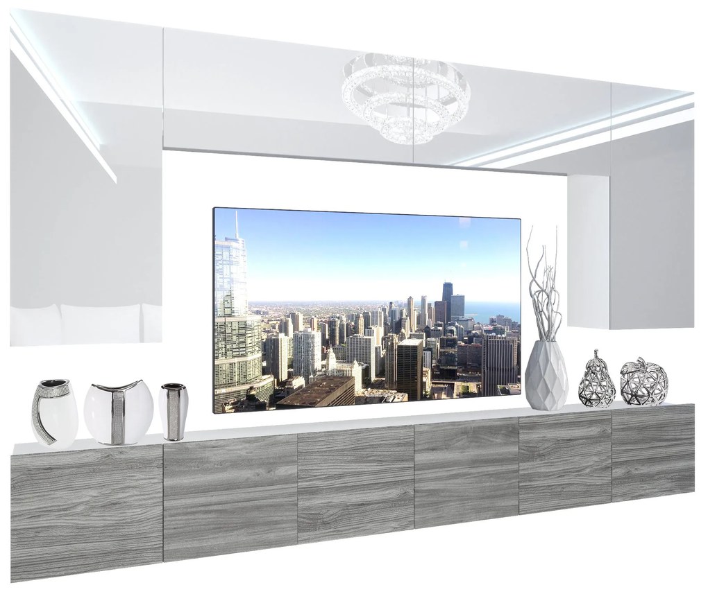 Obývacia stena Belini Premium Full Version biely lesk / šedý antracit Glamour Wood + LED osvetlenie Nexum 20