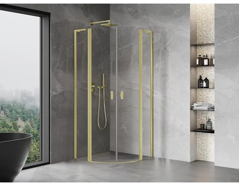 Mexen Mist L, štvrťkruhový sprchový kút s 2-krídlovými dverami, 80 x 80 cm, 8mm číre sklo, zlatý matný profil, 8A32L-080-080-55-00