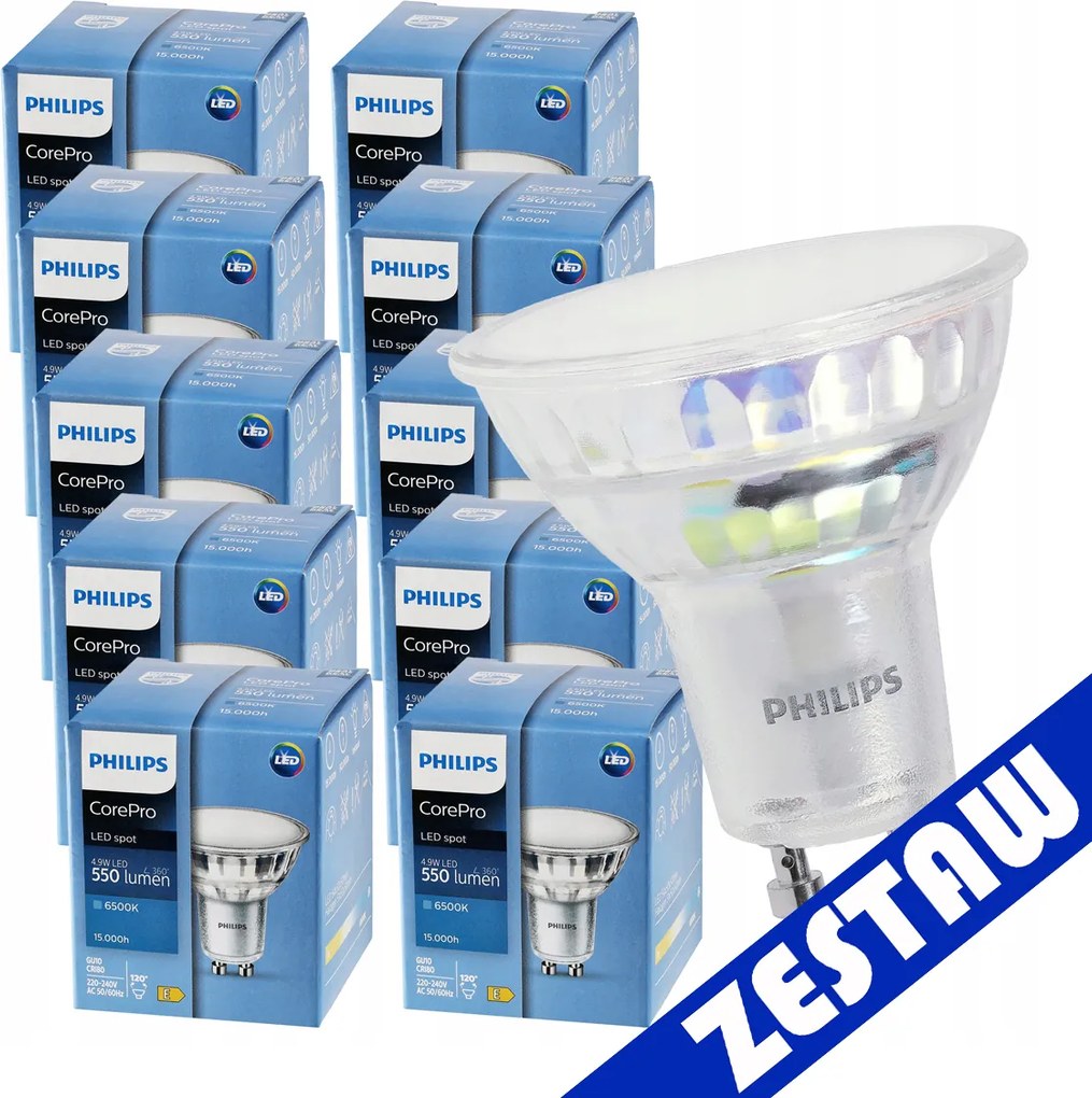 SADA 10x GU10 LED žiarovka PHILIPS 4,9W 550lm - studená biela