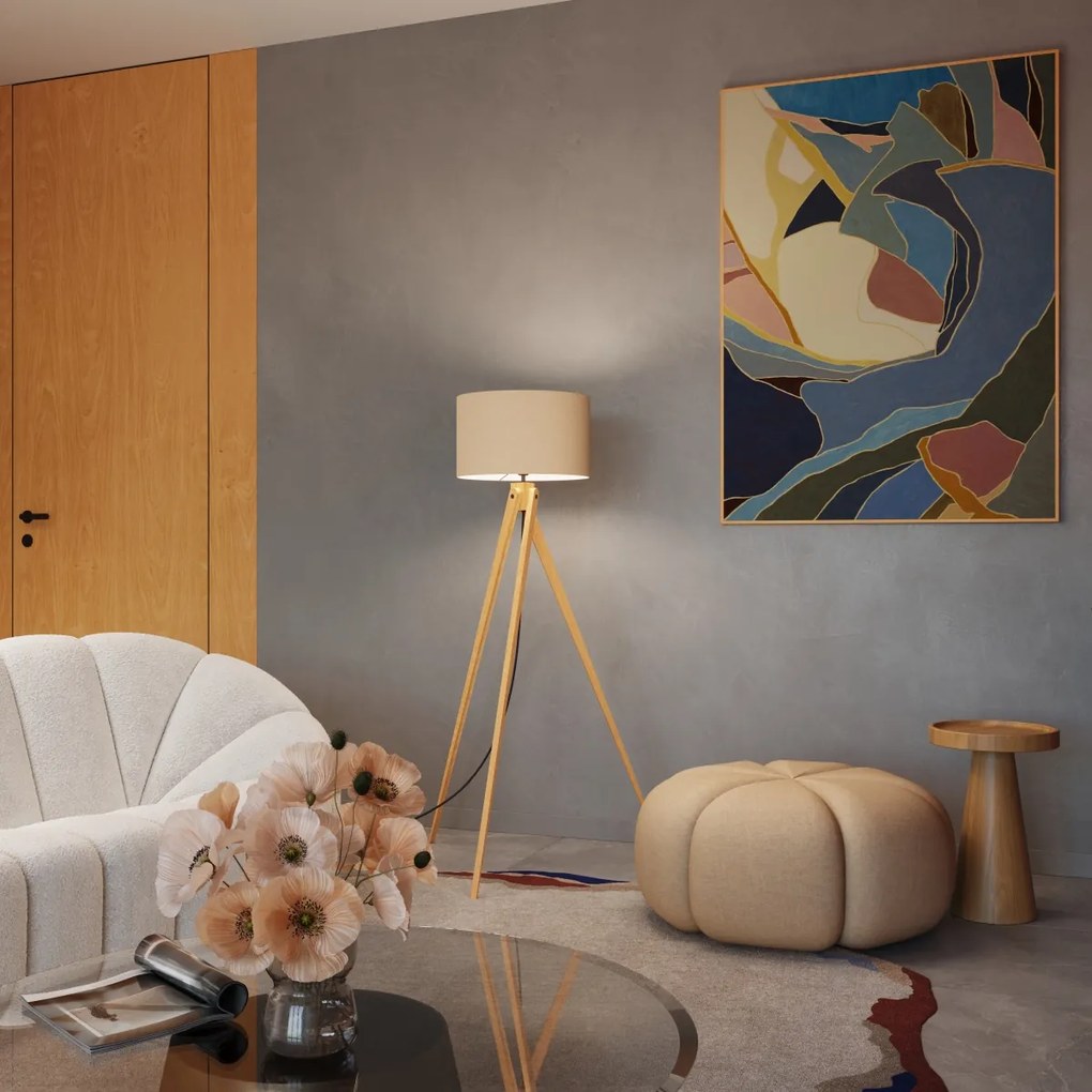 Stojacia lampa Natt, 1x béžové textilné tienidlo, drevo