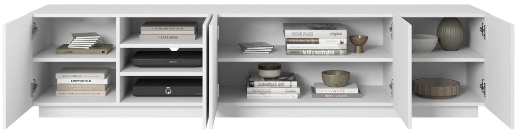 Biela RTV skrinka Asha 200 cm s piatimi dverami a ryhovaným čelom - matná biela