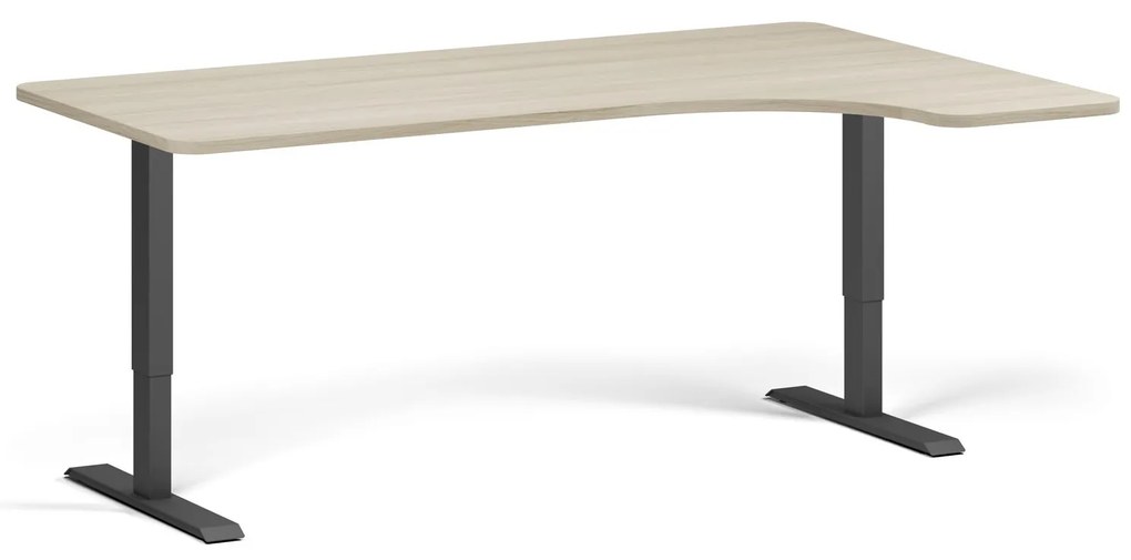 Rohový výškovo nastaviteľný stôl, 180x120 cm, 1 motor, L/P, čierna podnož, dub prírodný